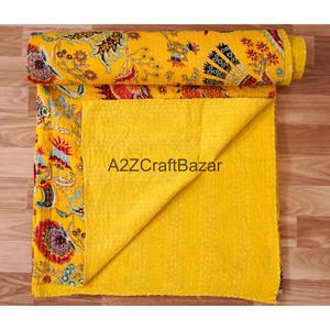 Couvre-lit Kantha en coton pur à 100 % imprimé à la main, motif floral vintage Gudri, fabriqué en Inde - Product Image 3