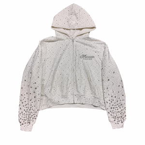 Ensemble deux pièces streetwear hiver uni en molleton de coton brossé doux lavé avec strass, comprenant un sweat à capuche zippé et un short - Product Image 1