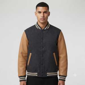 <b>Men's</b> Dark Gray Casual <b>Baseball</b> Varsity <b>Jacket</b> With Tan Leather Sleeves Turn-down Collar Button Closure Casual Autumn Wear - Product Image 2