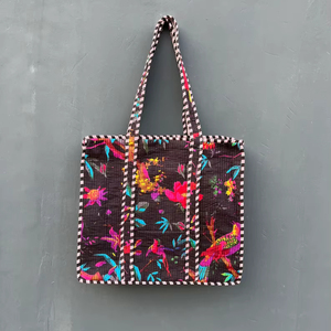 <b>Quilted</b> Cotton Bucket Tote Bag with Jungle Print and Floral Decoration Boho Style Unisex Large Capacity - Product Image 1