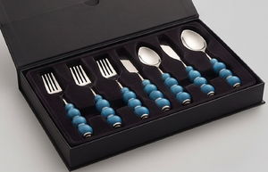 Ensemble de couverts modernes avec manches en céramique bleue perlée, couverts en acier inoxydable, compatibles lave-vaisselle, pour usage quotidien et fêtes - Product Image 6