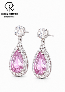 Pendientes de Diamante Rosa Corte Pera con Halo de Diamantes Blancos Redondos, Joyería Fina de Lujo para Novia, Boda o Compromiso - Product Image 3