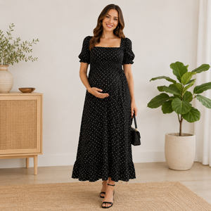 Robe longue de maternité à pois noirs, coupe trapèze, col en V, manches courtes, coupe ample, respirante, vêtements d'été pour femmes - Product Image 1