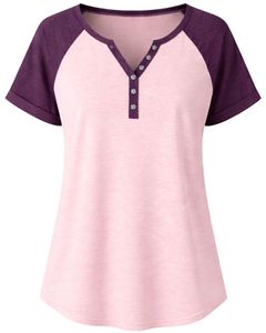 T-shirt pour femme rose poudré et violet prune, col Henley, manches courtes raglan, en coton doux, coupe décontractée ample, respirant, idéal pour l'été - Product Image 1