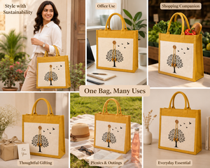 Yellow Laminated Jute Canvas Tote <b>Bag</b> <b>Tree</b> Print Button Closure Eco-Friendly Reusable Shopping Handbag for Exhibition Wedding - Product Image 5