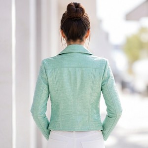<b>Leather</b> Spot Women's Embossed <b>Leather</b> Motorcycle <b>Jacket</b> Slim Fit Solid <b>Winter</b> Eco-Friendly Breathable Quilted Gold - Product Image 3