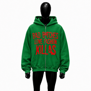 Sudadera con capucha verde extragrande con cremallera completa y estampado gráfico rojo, estilo urbano unisex, para hombre y mujer, ajuste casual - Product Image 1