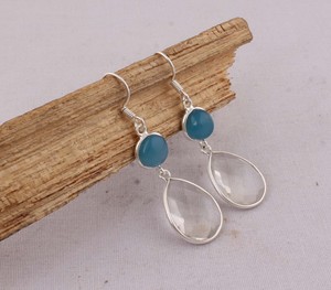 Boucles d'oreilles pendantes en calcédoine bleue naturelle et quartz cristal, argent sterling 925, facettées, multi-pierres, faites à la main, vente en gros - Product Image 3