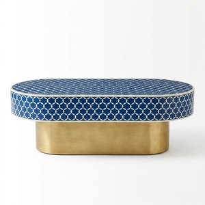 Table basse ronde en os incrusté, motif géométrique marocain, avec base en laiton doré, prix d'usine, pour salon et hôtel - Product Image 4