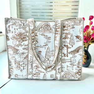 Sac fourre-tout matelassé en coton pour femme, fait main, grand format, élégant, imprimé à blocs, sac de voyage avec fermeture éclair - Product Image 1