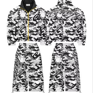 Black White Camo <b>Zip</b> <b>Up</b> Hoodie & Pants Set | Oversized Streetwear Tracksuit | Vintage Washed Graphic Two Piece Set - Product Image 1