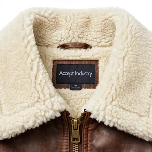 <b>Men</b> <b>Brown</b> Vintage Real <b>Leather</b> Bomber <b>Jacket</b> Shearling Collar 4 Pocket Zip Front Custom Logo Accept Industry OEM - Product Image 6