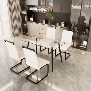 Tavolo da pranzo in vetro temperato rettangolare moderno da 51 pollici con gambe in metallo nero con sedia senza braccioli in PU per cucina 4 posti - Product Image 4