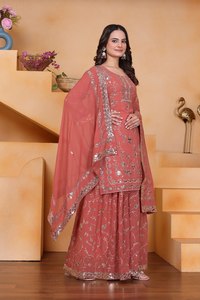 Ensemble Sharara en Georgette Fox de Qualité Export avec Broderie Avant et Arrière, Travaux de Paillettes Lourdes et Dupatta Assorti - Product Image 3