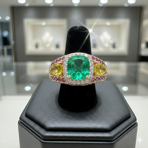 Green Yellow Gemstone <b>Statement</b> <b>Ring</b> with CZ 925 Sterling Silver 18K Gold Plated Cocktail <b>Ring</b> 10mm Stone Designer Jewelry US 6 - Product Image 1