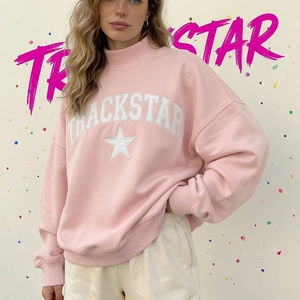 Women's Oversized Graphic Sweatshirt TRACKSTAR Embroidered Star Print <b>Stand</b> Relaxed Fit <b>Drop</b> Shoulder Long Sleeve Breathable - Product Image 5