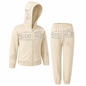 Ensemble de survêtement deux pièces pour femme, 100 % coton, séchage rapide, style streetwear, avec strass, sweat à capuche zippé et pantalon de jogging, personnalisable avec logo, vente en gros - Product Image 4