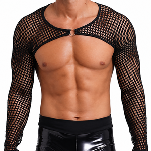 Custom Men's <b>Fishnet</b> Mesh Crop Top Long Sleeve Hollow Out See Through Muscle Shrug Cover up 100% Polyester Casual - Product Image 1