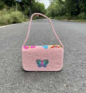 Handmade Pink Beaded <b>Handbag</b> Rectangular Shape Colorful Butterfly Embroidery Craft Purse - Product Image 2