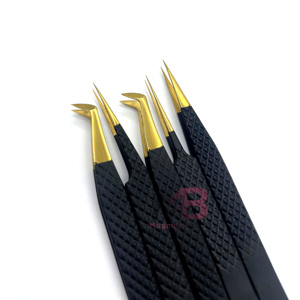 Ensemble de pinces à cils plaquées or, outils de précision pour extensions de cils, pointe lisse, manche noir, outil de beauté - Product Image 3