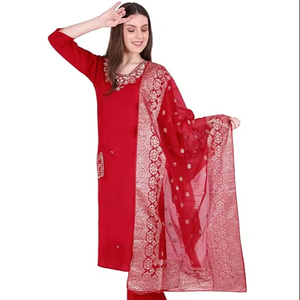 SAZU Red <b>Kurta</b> Set for <b>Women</b> with Embroidered Dupatta | Elegant 3 Piece Ethnic Wear Suit Set for Festivals, Parties & Weddings - Product Image 1