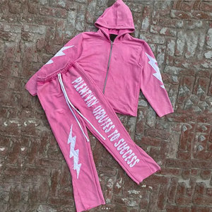 Chándal rosa con capucha para mujer, sudadera con cremallera de manga larga con estampado de rayos y pantalones con eslogan, estilo streetwear - Product Image 1