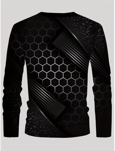 T-shirt décontracté pour homme, noir, à manches longues, tricoté, col rond, coupe ajustée, couleur unie - Product Image 5