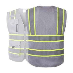 Chaleco de Seguridad Reflectante de Alta Visibilidad, Transpirable, Certificado CE, Gris con Rayas Amarillas, Cierre Frontal con Cremallera, Cuatro Bolsillos, Ropa de Trabajo Unisex - Product Image 2