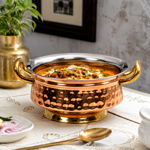 Bol de service en cuivre martelé et acier inoxydable avec poignées, plat à curry indien, vaisselle de restaurant et d'hôtel, 1,2 L - Product Image 3