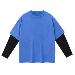 Camiseta de Manga Corta para Hombre, Corte Regular, Tejida, Azul y Negro con Ribete en Contraste, Cuello Redondo, Diseño de Bloques de Color Sólido, Estilo Urbano - Product Image 2