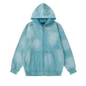 Sudadera con capucha negra personalizada con cremallera, efecto desgastado, bordado de estrella de diamantes de imitación y estampado de llamas, estilo urbano, unisex - Product Image 1