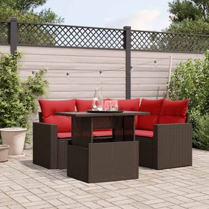 Set di divani da giardino in polyrattan marrone da 5 pezzi con cuscini, mobili da giardino - Product Image 1