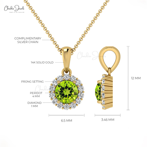 Natural 4mm Brilliant Round Cut Peridot Gemstone <b>Pendant</b> with 14k <b>Solid</b> <b>Gold</b> Diamond Halo <b>Pendant</b> August Birthstone Gift - Product Image 6