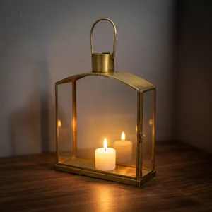 ARTISAN DESIGN L163 Modern Brass Metal Glass <b>Hurricane</b> <b>Lantern</b> Decorative Tabletop Home Decor for All Occasions Irregular Shape - Product Image 1