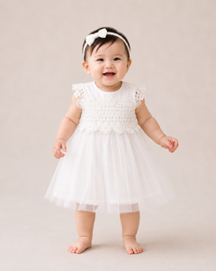 Vestido de niña de tul blanco con encaje, estilo línea A, por debajo de la rodilla, estilo lindo - Product Image 1