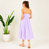 Damen Lavendel Einfarbiges Midi-Kleid mit Grüner Stickerei Spaghetti-Träger A-Linie Boho Sommerkleid 100% Baumwolle Atmungsaktiv