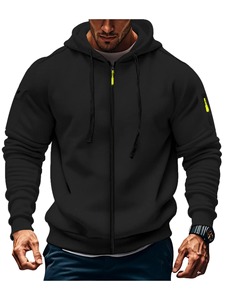 Men's Black Hooded Zip-Up Sweatshirt Regular Fit Casual Solid Color Polyester French Terry Autumn Wear 2027 - Product Image 1