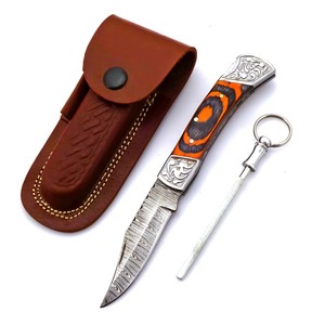 Top Damascus Steel Folding Utility Knife Pakka Wood Handle Leather Sheath ODM OEM Pocket EDC Hunting <b>Camping</b> Industrial Grad - Product Image 1