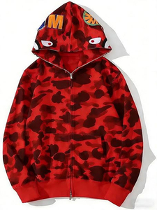 Camouflage Shark Tooth Zip Hoodie Unisex Eco-Friendly Winter Embroidered Letter Patch Front Pocket Streetwear 100% Cotton Fleece - Product Image 2