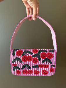 Handmade Embroidered Rectangular Handbag With <b>Cherry</b> Pattern Pink Striped Cotton Textile Craft - Product Image 1