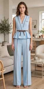 Women Sleeveless V-Neck Peplum <b>Top</b> Wide Leg Pants <b>Set</b> - Product Image 5