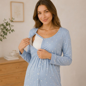 Conjunto de pijama de maternidad para mujer, manga larga, largo completo, patrón de puntos azules, algodón transpirable, cuello redondo, corte recto, ropa de otoño - Product Image 4