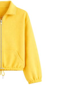 Sudadera Corta de Forro Polar Amarillo Brillante con Cierre Completo para Mujer, Cuello Polo, Bolsillos Delanteros, Chaqueta con Cordón Ajustable, Top Elegante y Cálido - Product Image 3