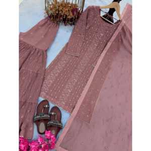 ชุดสูทปาร์ตี้ออกแบบโดยดีไซเนอร์สำหรับผู้หญิงพร้อมเสื้อพลาซโซและ dupatta หรูหราและมีสไตล์ - Product Image 1