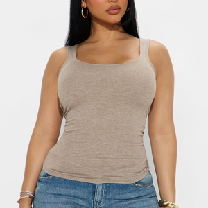 Custom Logo Women's Beige Square Neck Knitted Waffle Tank <b>Top</b> Casual Style Ribbed Spandex/Polyester <b>Crop</b> Layering Tank <b>Top</b> Women - Product Image 5