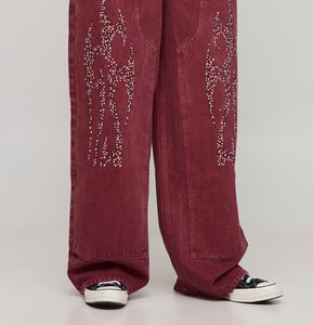 Jean en denim bleu clair 100 % coton pour homme, coupe droite vintage, orné de strass, style streetwear personnalisé, coupe ample, pantalon OEM - Product Image 2