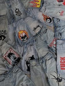 Shorts en jean vintage personnalisés pour hommes, brodés, style streetwear hip-hop, amples et respirants, en polyester/coton, patchwork, vente en gros - Product Image 3