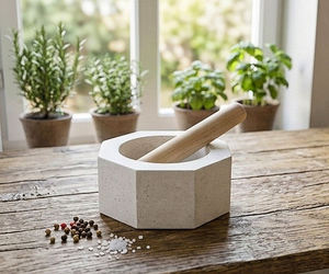 Juego de Mortero y Pilón de Piedra Blanca Ecológico al por Mayor, Hexagonal, para Especias, Hierbas, Ajo, Jengibre, Uso en la Cocina - Product Image 1