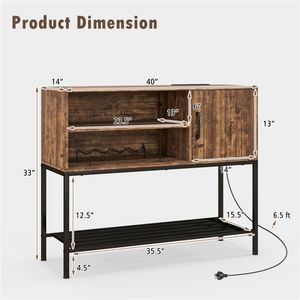 Midcentury Design Rustic Brown <b>Sideboard</b> with 2 AC Outlets 2 USB Ports Charging Buffet Cabinet and Wine Rack for Villas - Product Image 3