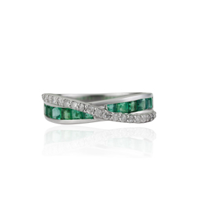 925 Sterling <b>Silver</b> Crossover Diamonds & Natural <b>Emerald</b> Gemstone Fine Band <b>Ring</b> For Women's Everyday Wear - Product Image 1